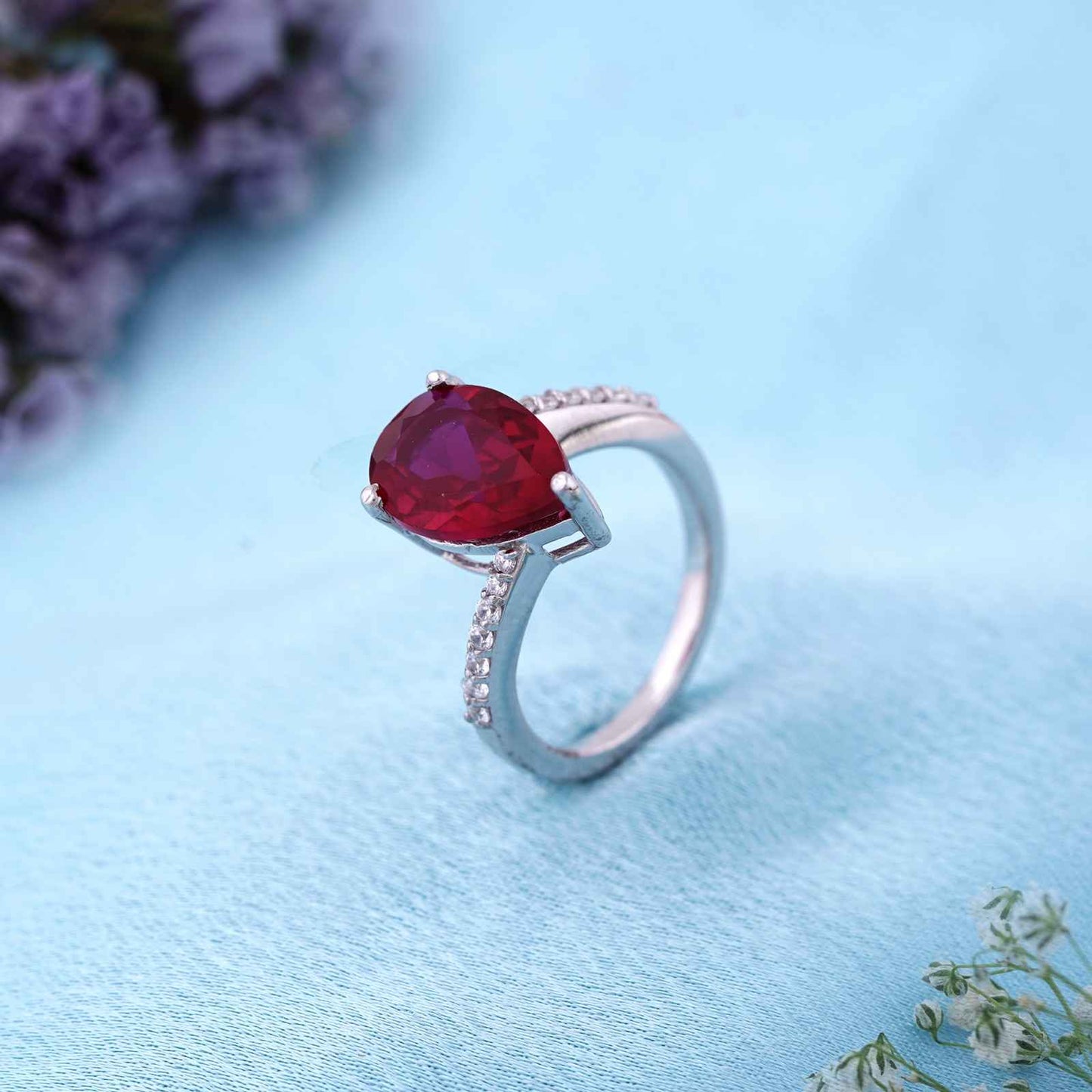 Silver Solitaire Red Ruby Ring For Women