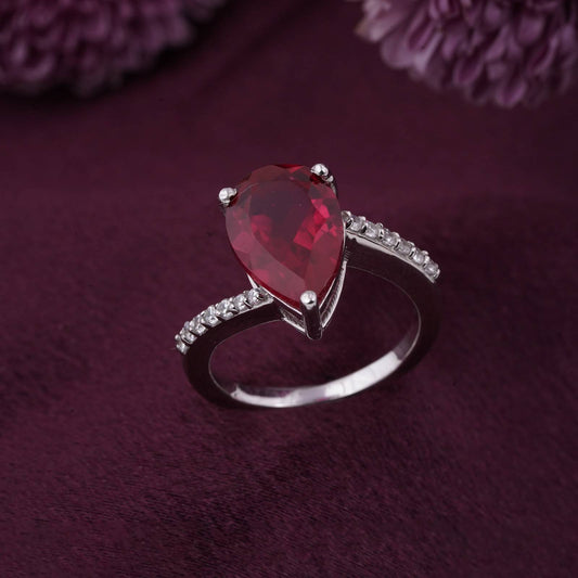 Silver Solitaire Red Ruby Ring For Women