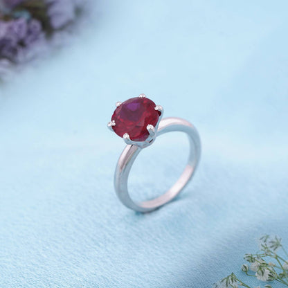 Silver Solitaire Red Ruby Ring