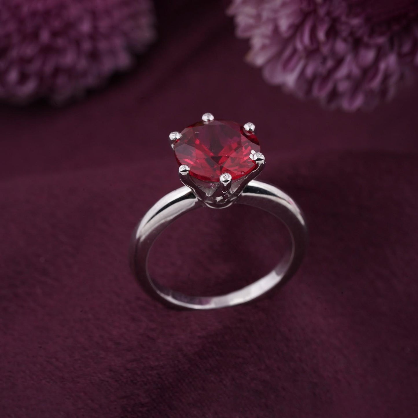 Silver Solitaire Red Ruby Ring