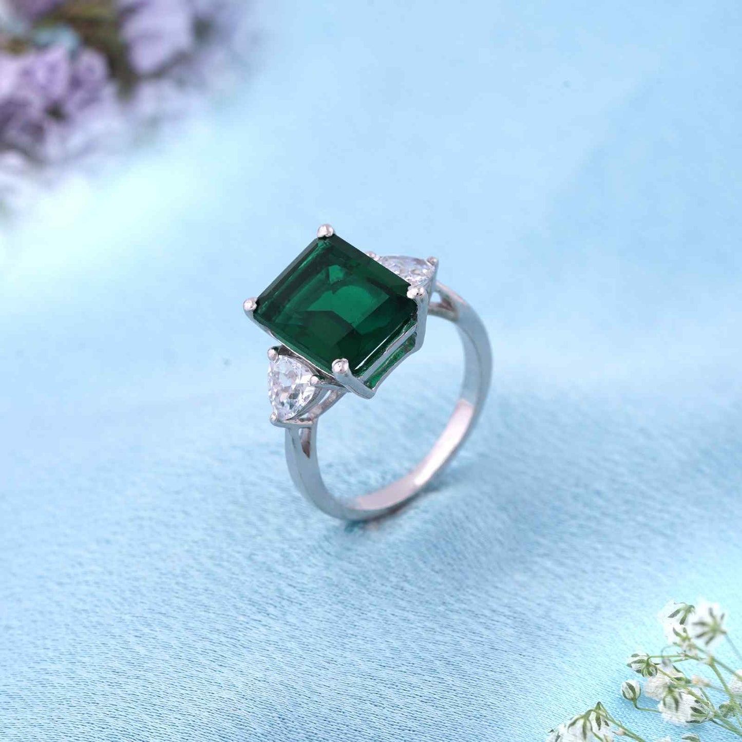 Silver Green Emerald Three Stone Ring