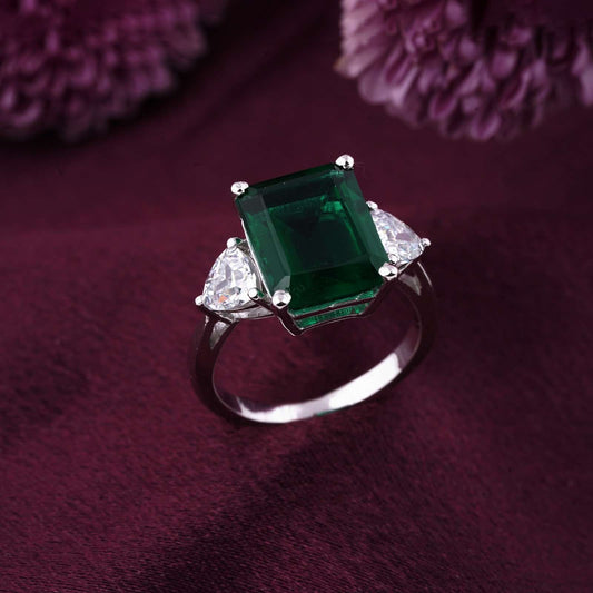 Silver Green Emerald Three Stone Ring