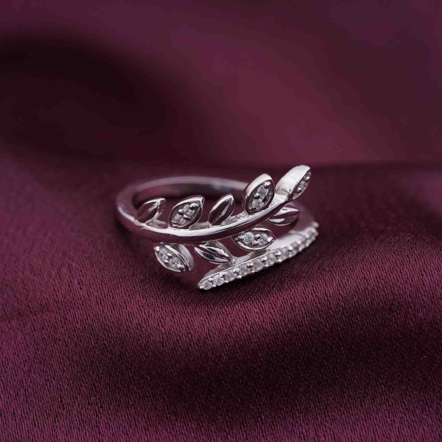 Silver Zircon Leaf Ring