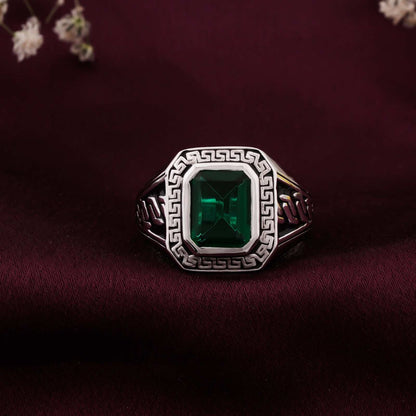 Silver Emerald Signet Greek Ring For Him