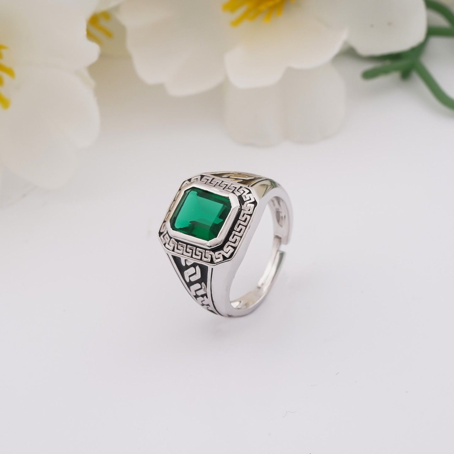 Silver Emerald Signet Greek Ring For Him