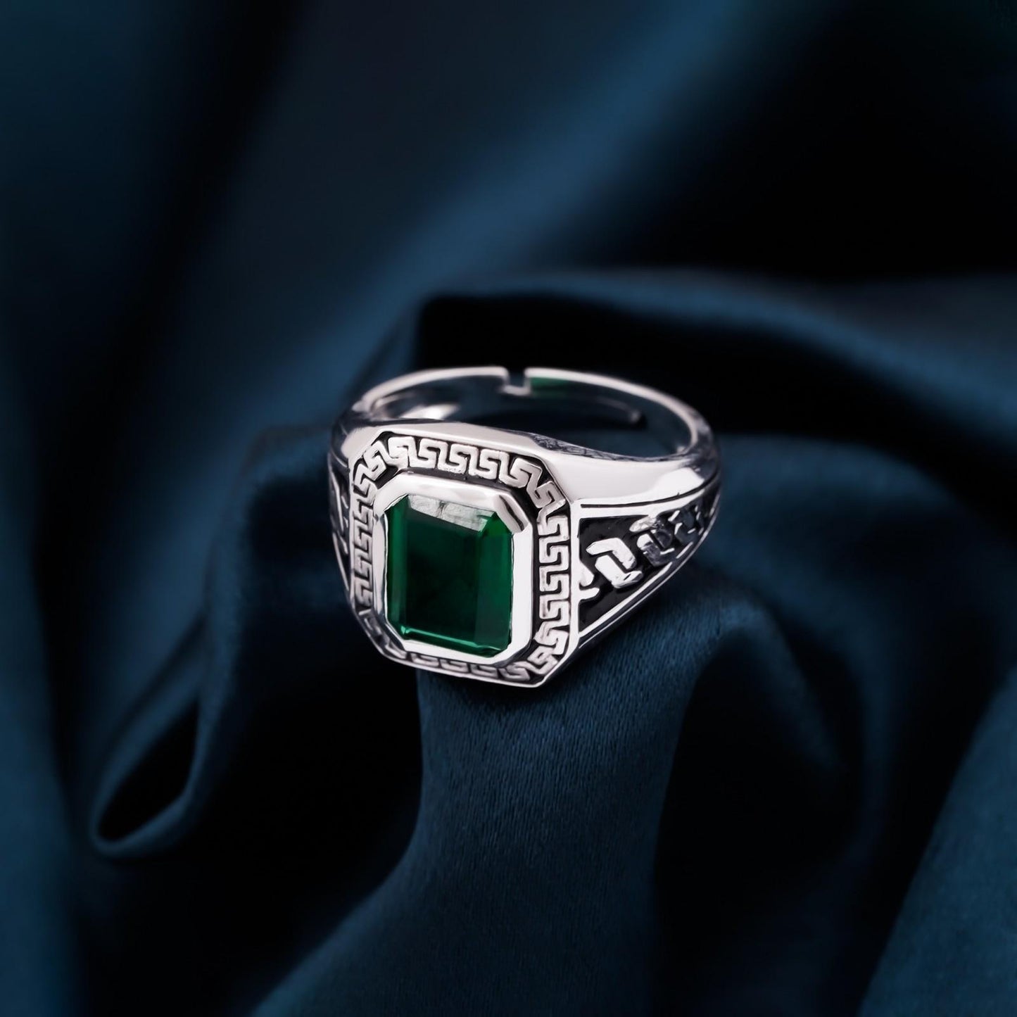 Silver Emerald Signet Greek Ring For Him