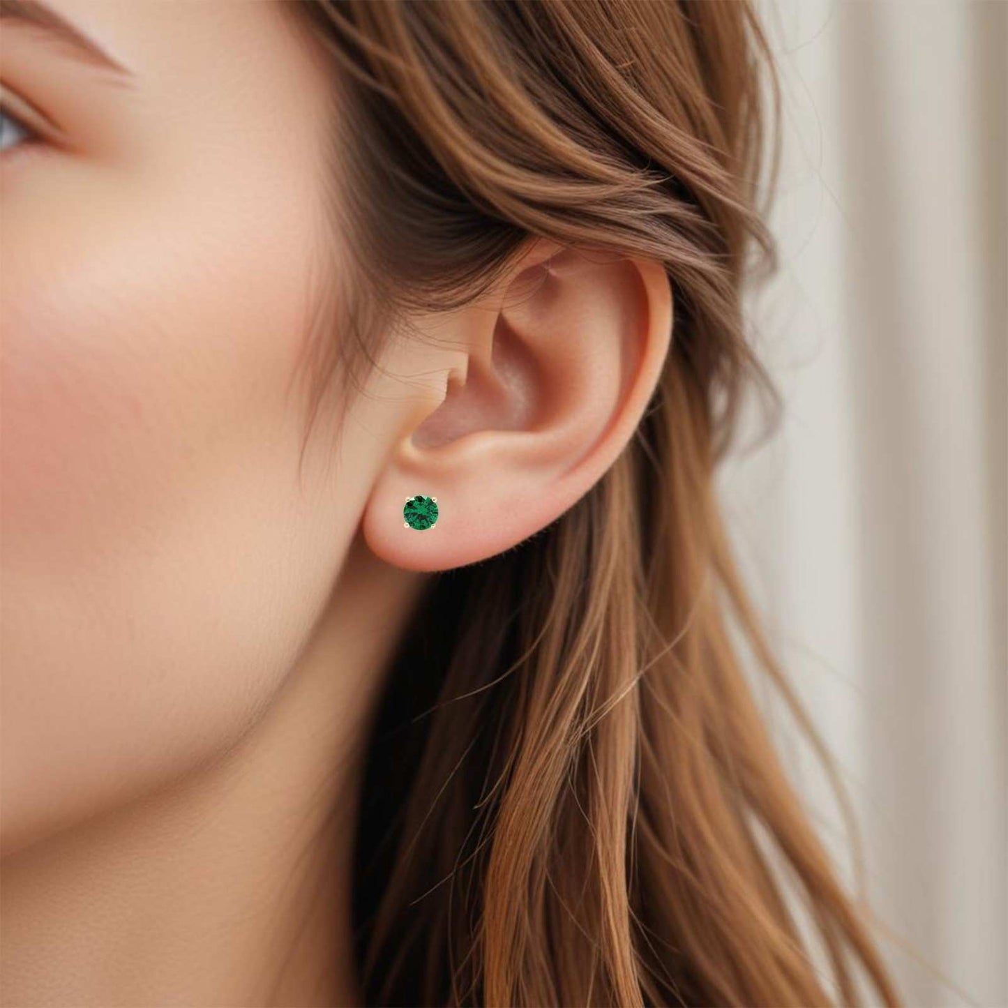 Silver Green Emerald Solitaire Studs Earring