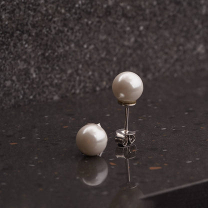 Silver Pearl Moon Stud Earrings