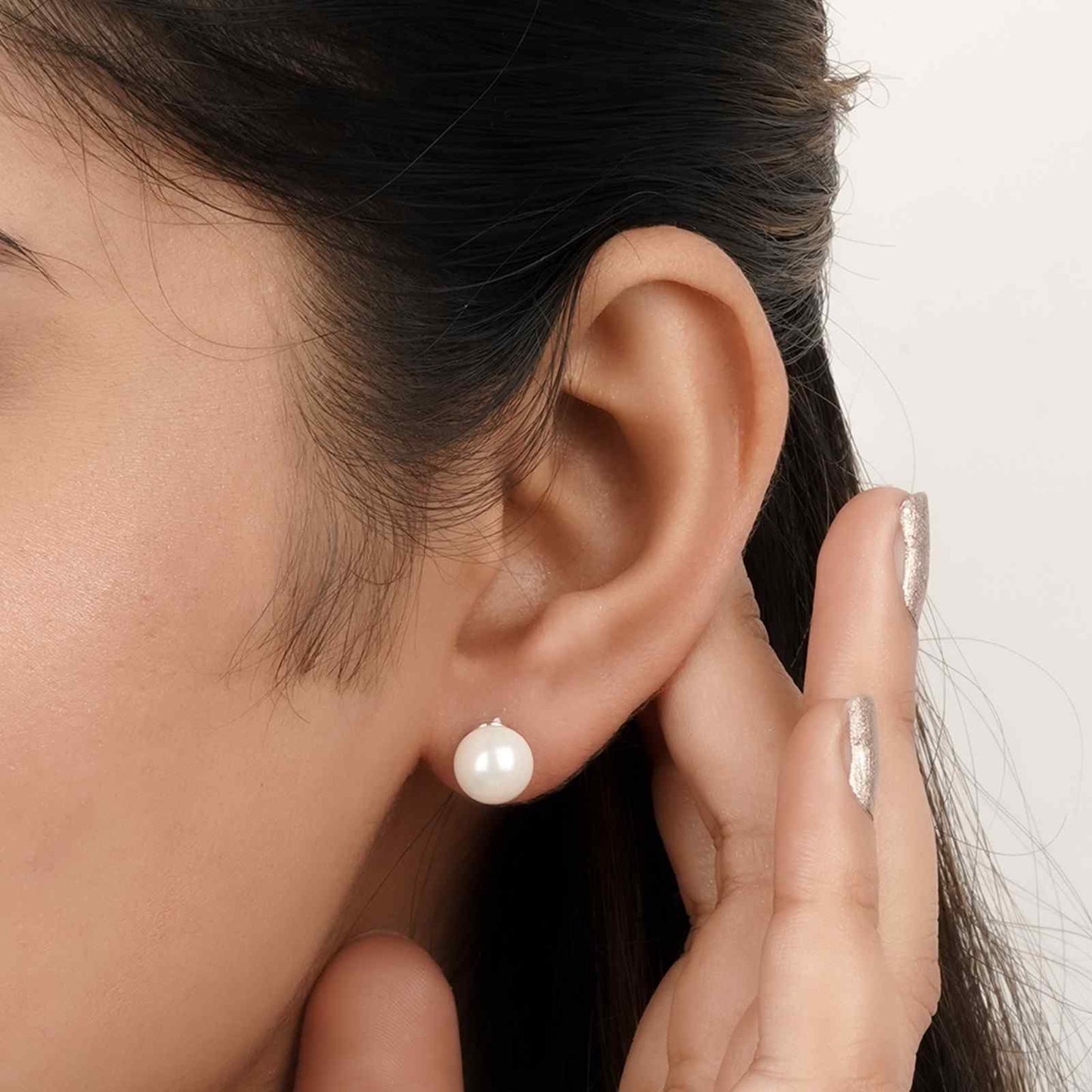 Silver Pearl Moon Stud Earrings