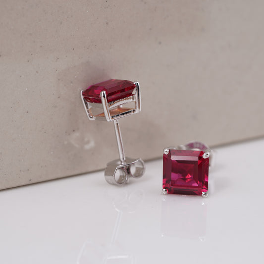 Silver Pink Ruby Solitaire Stud Earring