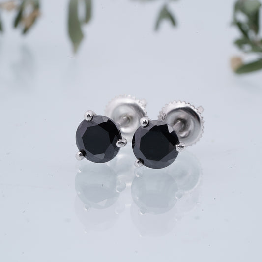 Silver Solitaire Black Diamond Stud Earrings