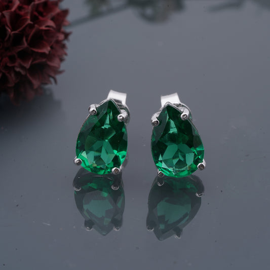 Silver Emerald Pear Shape Stud Earrings