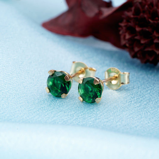 Silver Solitaire Green Emerald Stud Earrings