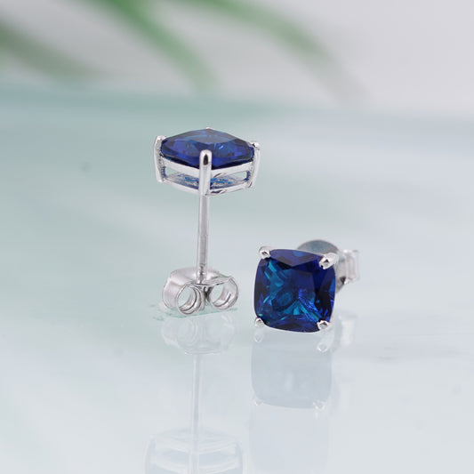 Silver Blue Sapphire Solitaire Stud Earrings