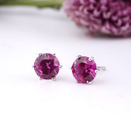 Sterling Silver Round Pink Ruby Solitaire Stud Earring