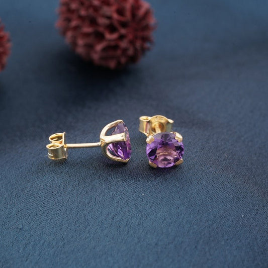 Golden Purple Amethyst Stud Earrings