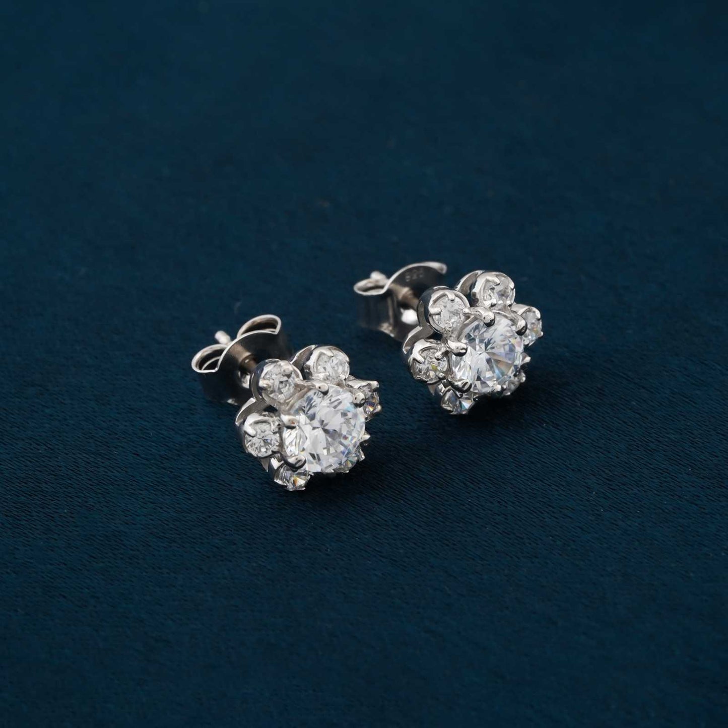 Silver Floral Zircon Stud Earrings