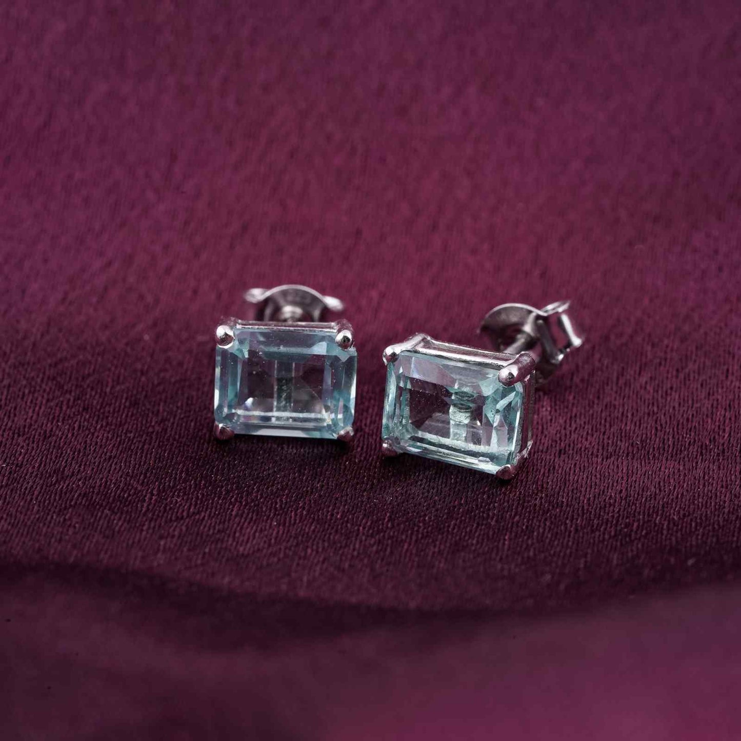 Silver Aqua Solitaire Stud Earrings