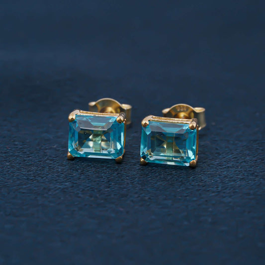 Golden Aqua Solitaire Stud Earrings