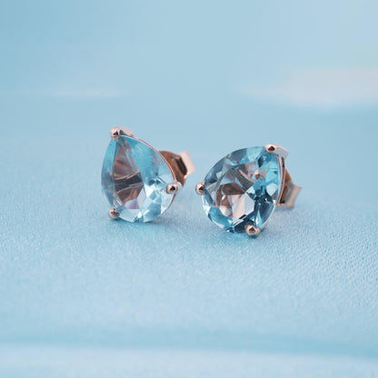 Rose Gold Teardrop Aqua Stud Earrings