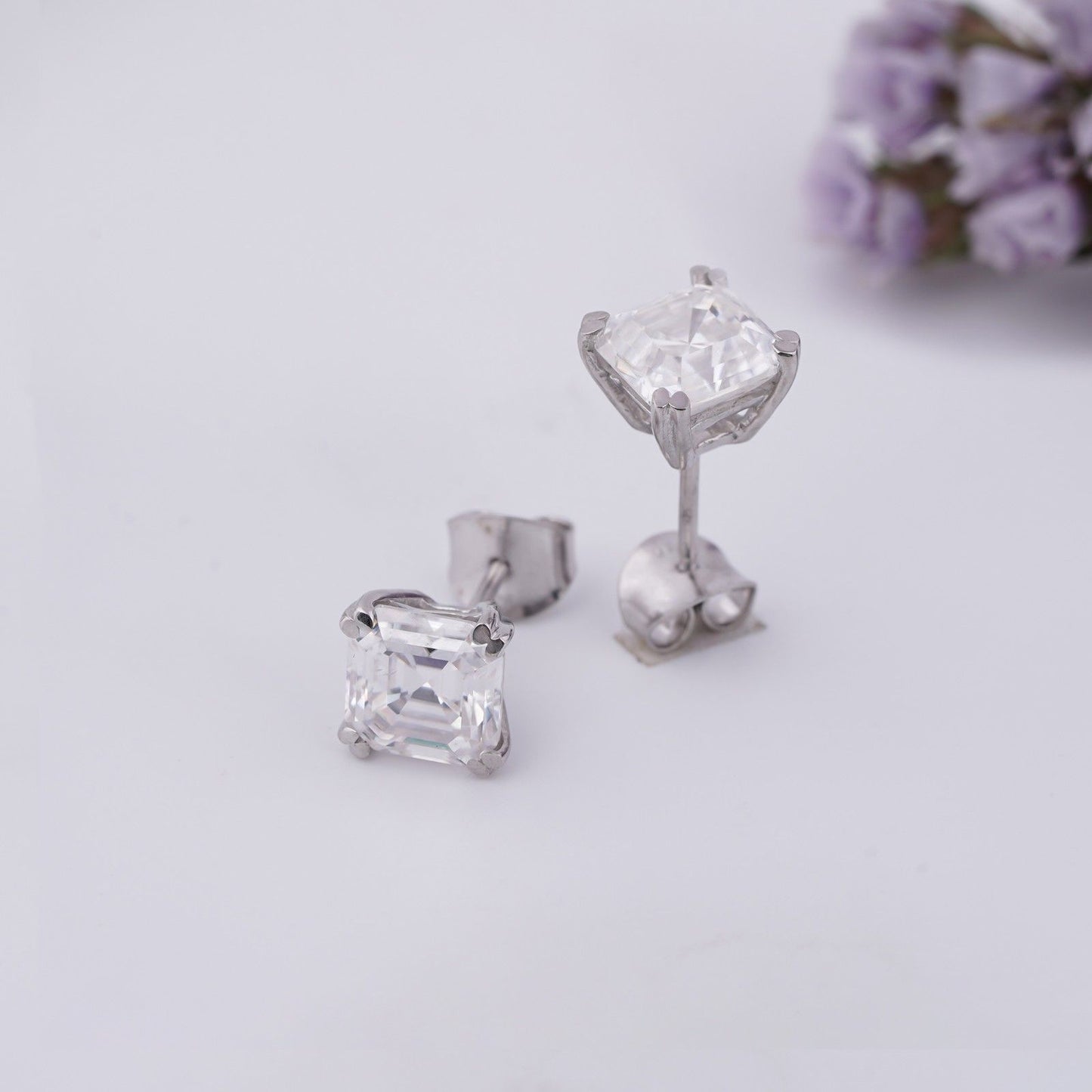 Asscher Shape Diamond Stud Earrings 