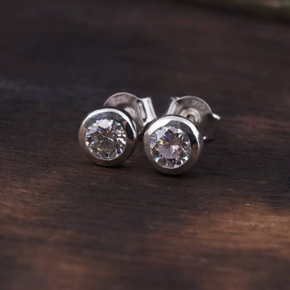 Silver Round Bezel Stud Earrings