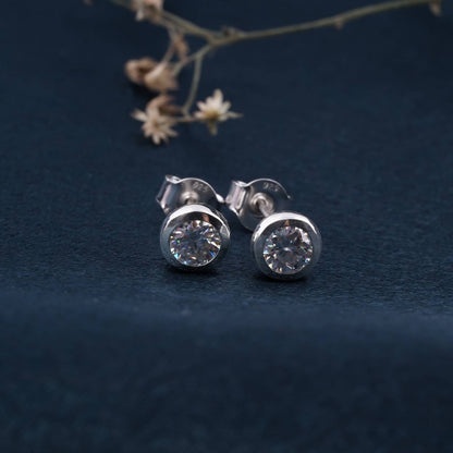 Silver Round Bezel Stud Earrings