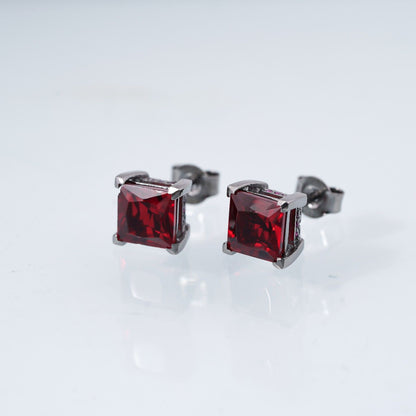 Silver Square Red Garnet Stud Earrings