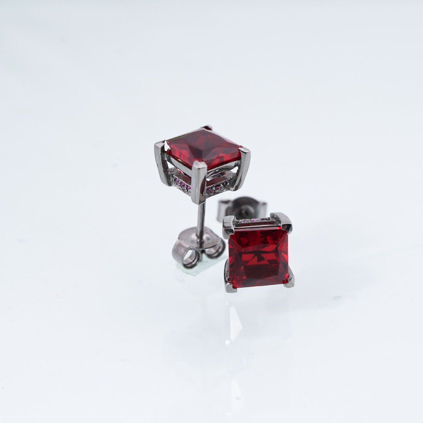 Silver Square Red Garnet Stud Earrings