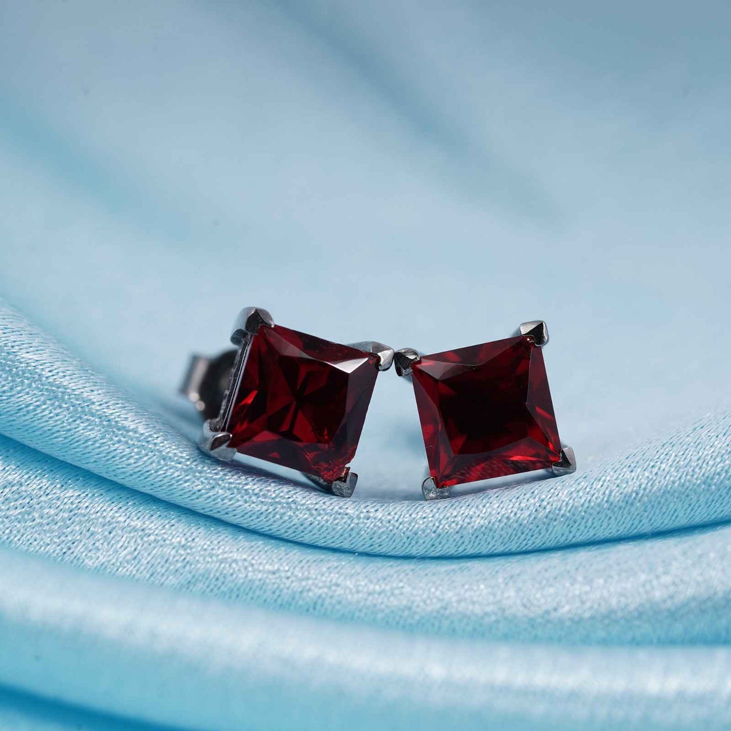 Silver Square Red Garnet Stud Earrings