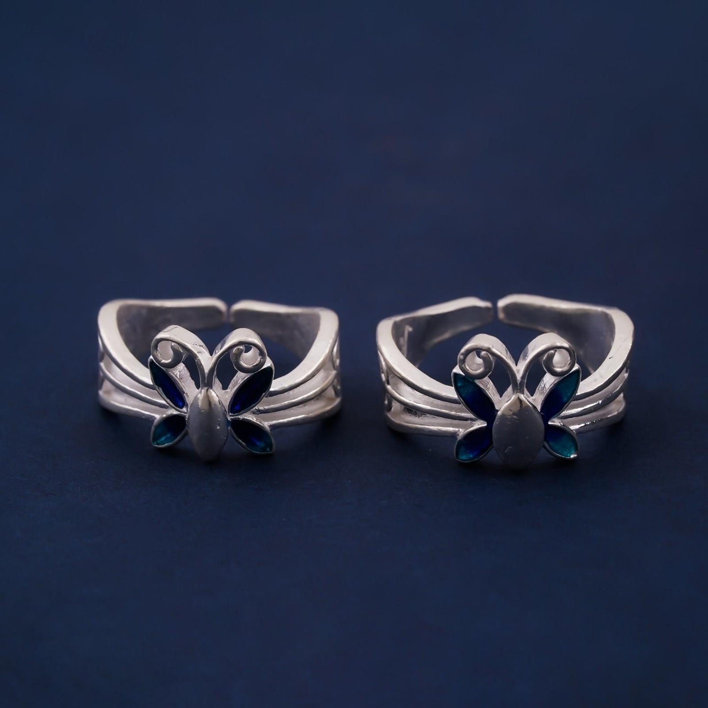 Blue Silver Butterfly Toe Rings