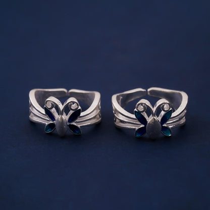 Blue Silver Butterfly Toe Rings