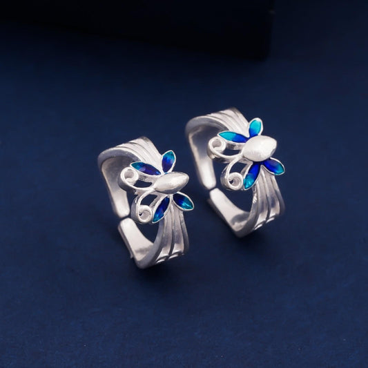 Blue Silver Butterfly Toe Rings